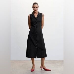 Grace Vintage Silk Linen Button A-line Flare Maxi Summer Navy shirt vest Dress